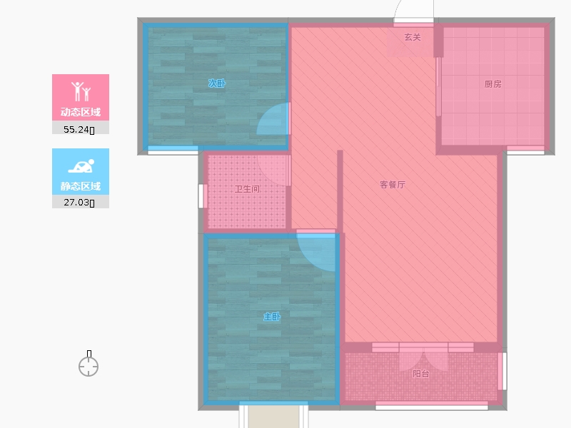 天璽名著2室2廳1衛(wèi)1廚89平米戶型動靜分區(qū)圖