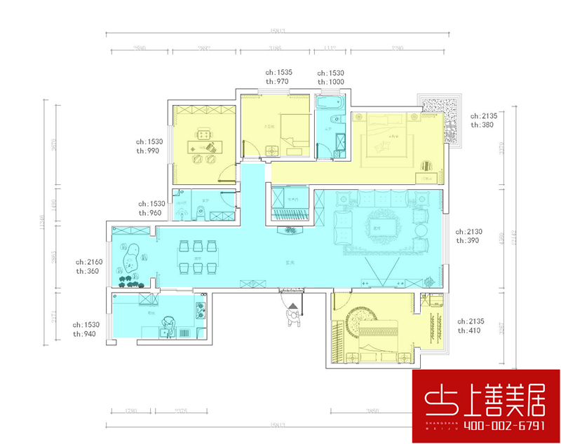 綠朗時光170平四室兩廳簡歐風格裝修效果圖