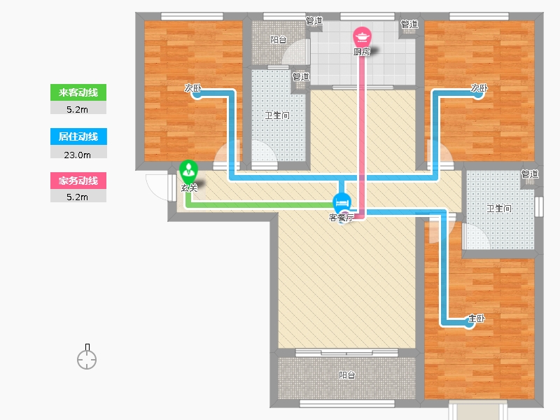 瀚唐3室2廳2衛(wèi)1廚137.00㎡動線圖
