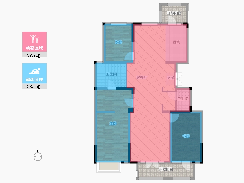 阿爾卡迪亞榮盛城3室2廳2衛(wèi)1廚144.00㎡動靜分區(qū)圖