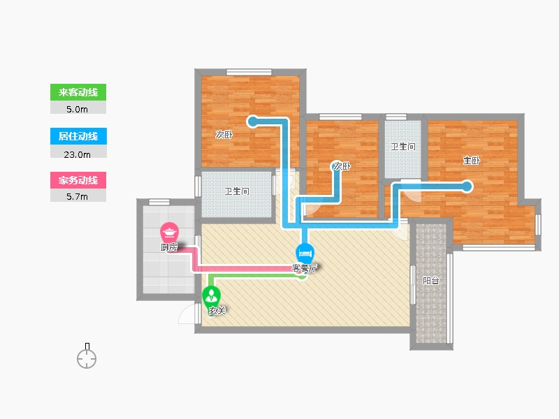 奧北公元3室2廳2衛(wèi)1廚121.00㎡動線圖