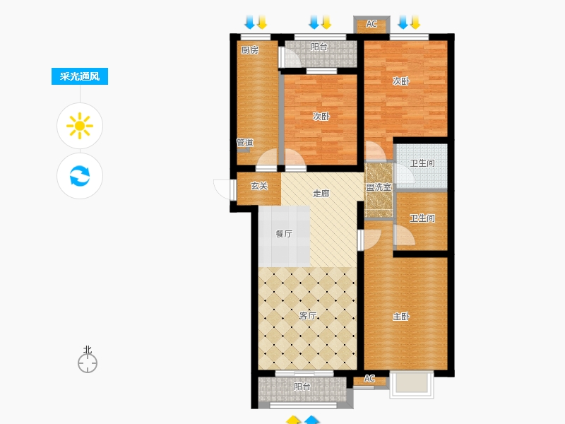 弘石灣3室2廳2衛(wèi)1廚131.00㎡采光通風(fēng)圖