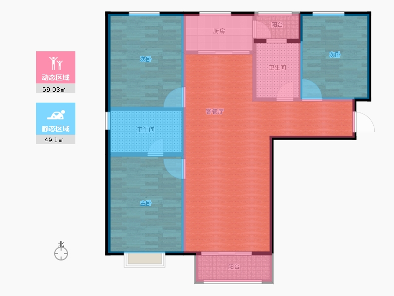 弘石灣3室2廳2衛(wèi)1廚138.00㎡動靜分區(qū)圖